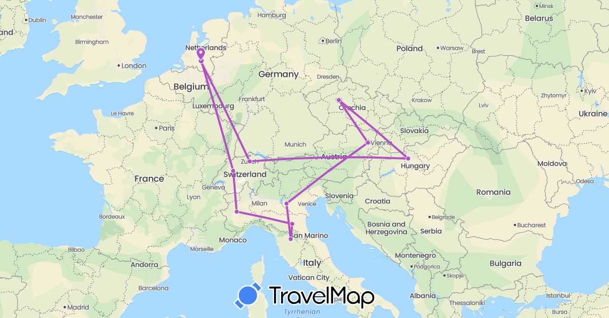 TravelMap itinerary: driving, train in Austria, Switzerland, Czech Republic, Hungary, Italy, Netherlands (Europe)